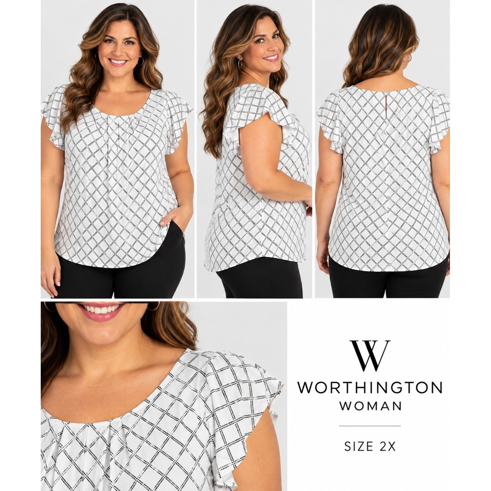 Worthington Woman Blouse 2X White Black Grid Flutter Sleeve Pleated Top NWT